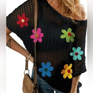 Crochet Mesh Knit Top XL Colorful Floral Appliques Short Sleeve Festival Boho